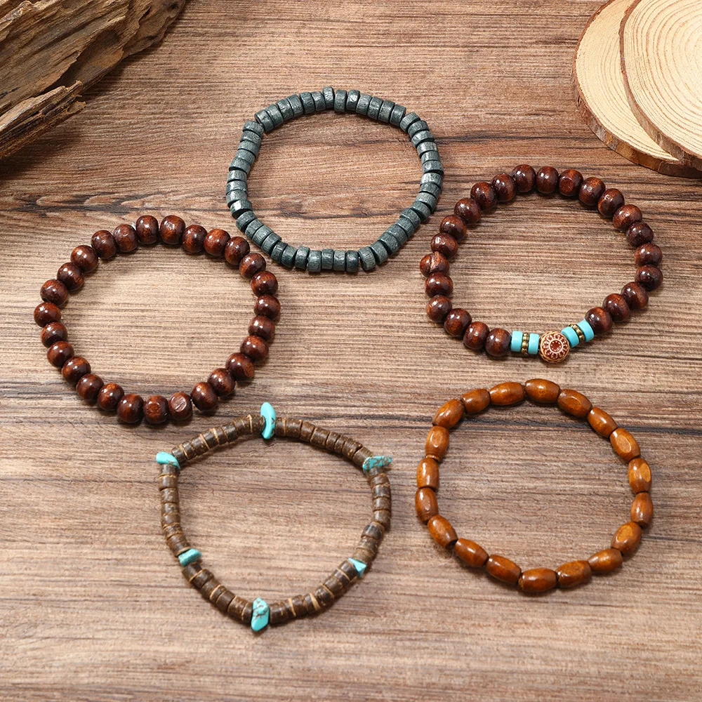 Wood Beads Beaded Bracelet Set For Men Women Vintage Wood Beads Elastic Chain Bangle Fashion Daily Party Jewelry 5Pcs beaded bracelet