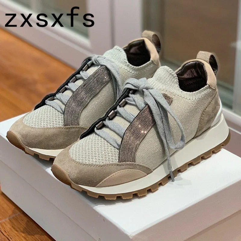 

2022 New Mesh Suede Patchwork Lace Up Round Toe Flats Shoes Women Thick Sole Casual Sneakers Shoes Brand Outside Walking Shoes