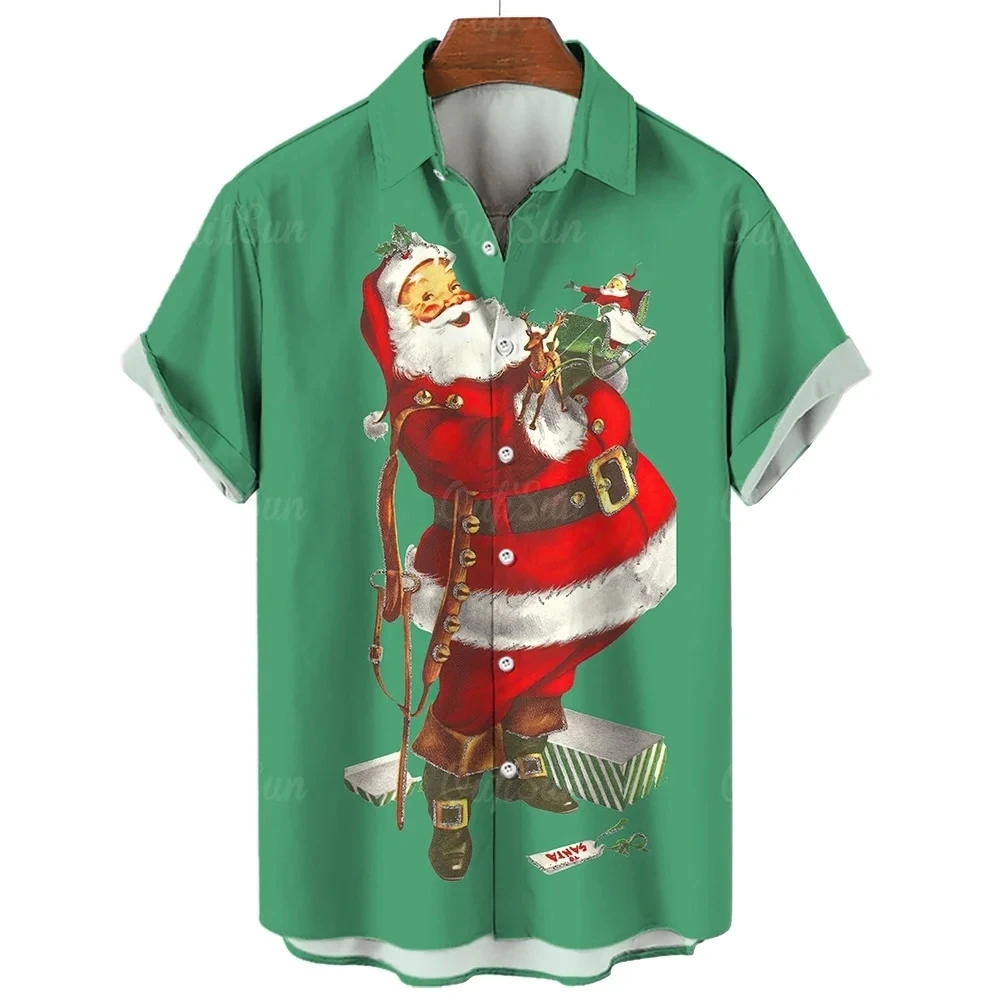 Snowman Christmas Tree Claus Santa Presents Ice Bear Mens Hawaiian Shirt 3d Print Short Sleeved Top Beach Party Clothes Loose 3