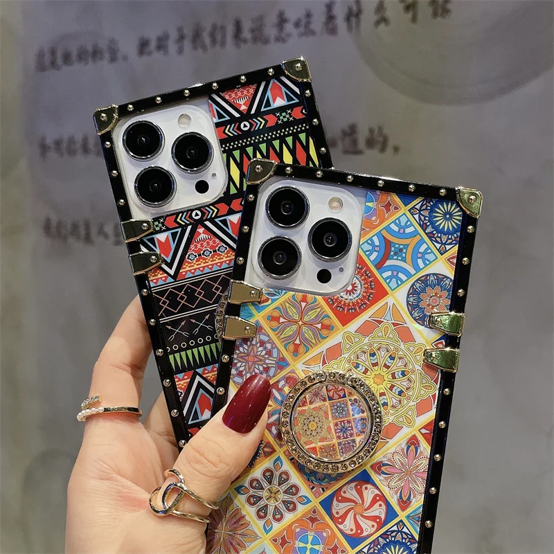 

Shockproof Case For iPhone 14 13 12 11 Pro Max Mini XS XR 7 Plus Bohemian Patterned Floral Bling Heavy duty Soft Cover With Ring
