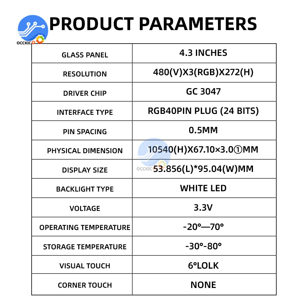 4.3 Inch 480xRGBx272 GC3047 Driver 350 Bright TFT Lcd Display Module Without Touch 40PIN RGB