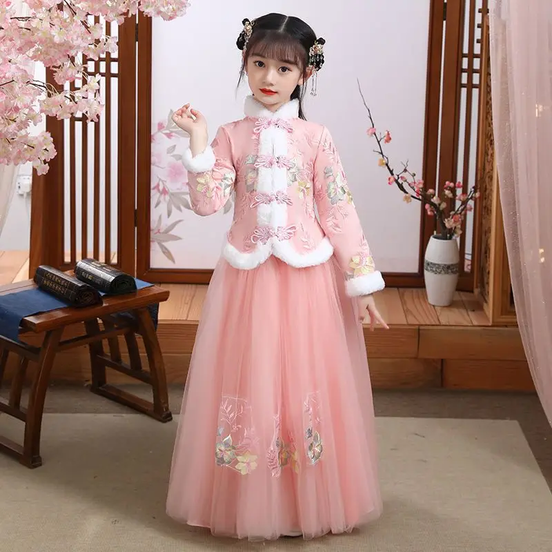 Winter Girls Red Tang Suit White Shirt Pleated Skirt & Tweed Coat 3 Pieces Set Hanfu Costume Orienatl Ancient Princess Clothings