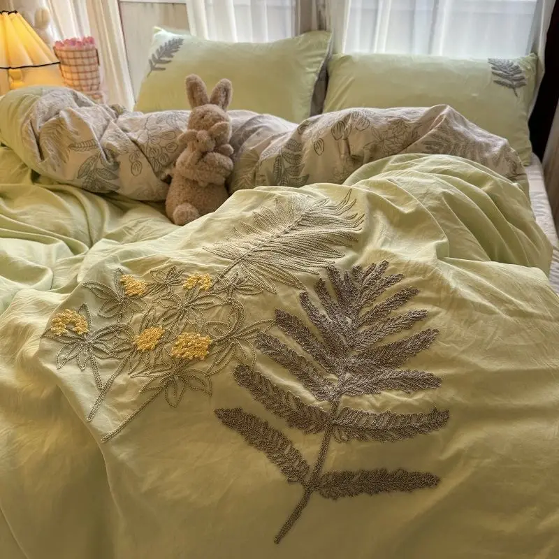 

Bedding Set Countryside Ins Style Art Green Leaf Embroidery Washed Cotton 4 pcs Set Dormitory Bed Sheet 3pcs