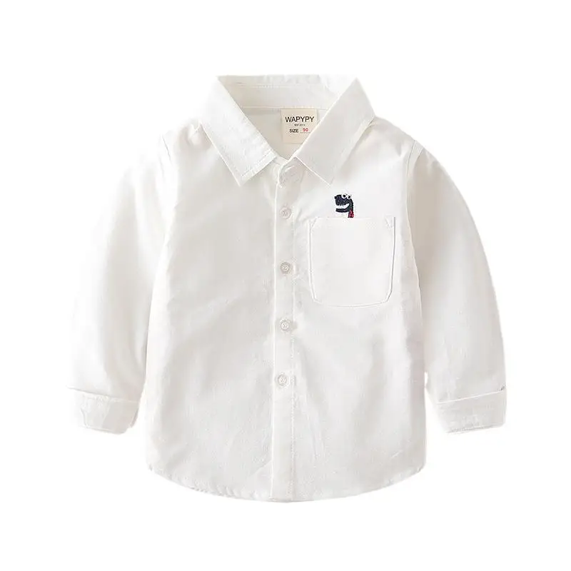 Spring Autumn Kids Boys Shirt Cotton Plaid Embroidery Cartoon Dinosuar Tops Long Sleeve Turn Down Collar Children Boy Shirt
