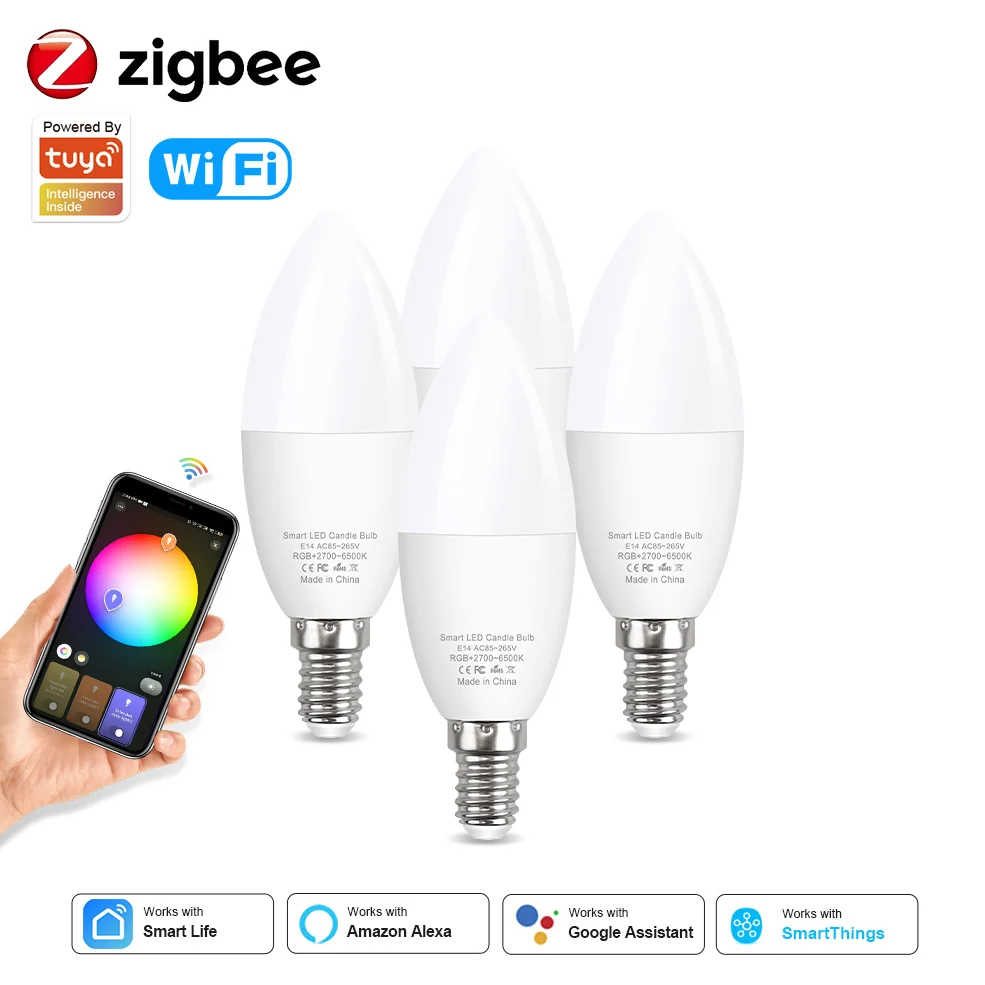 E14 Tuya Zigbee Smart Led lampadina 5W 7W RGB + CW + WW WiFi E14 lampada a  candela funziona con Smart Life /Alexa/Google Assistant - AliExpress