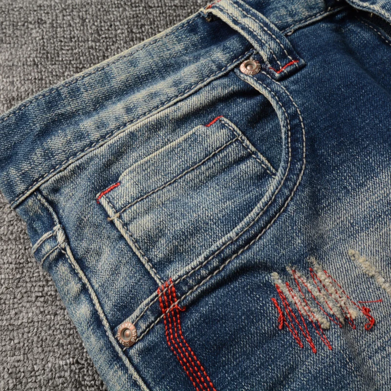 Fashion Vintage Men Jeans Retro Blue Elastic Slim Fit Hole Ripped Jeans Men Straight Trousers Embroidery Designer Denim Pants