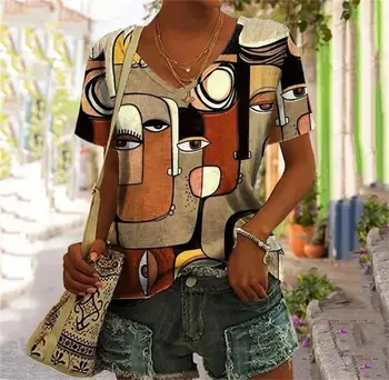 Abstract Face T-Shirts Fake Pocket 3D Print Women's V-Neck Short Sleeve T Shirt Y2K Casual Tees Harajuku Tops Female Clothing 1