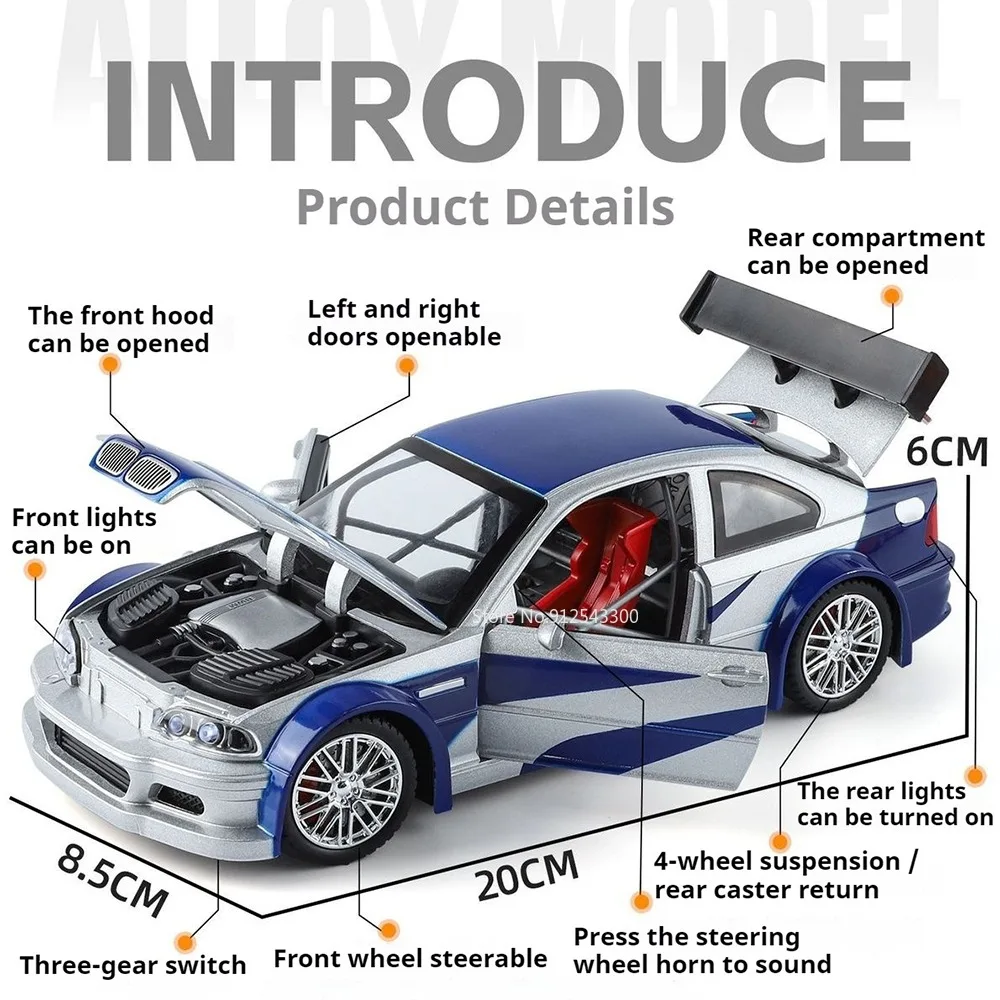 1:24 스케일 M3 GTR E46 325li 모형 자동차 장난감, 도어 개폐 가능, 합금 바디, 충격 흡수, 사운드, 라이트 기능 탑재, 어린이 선물용 모델