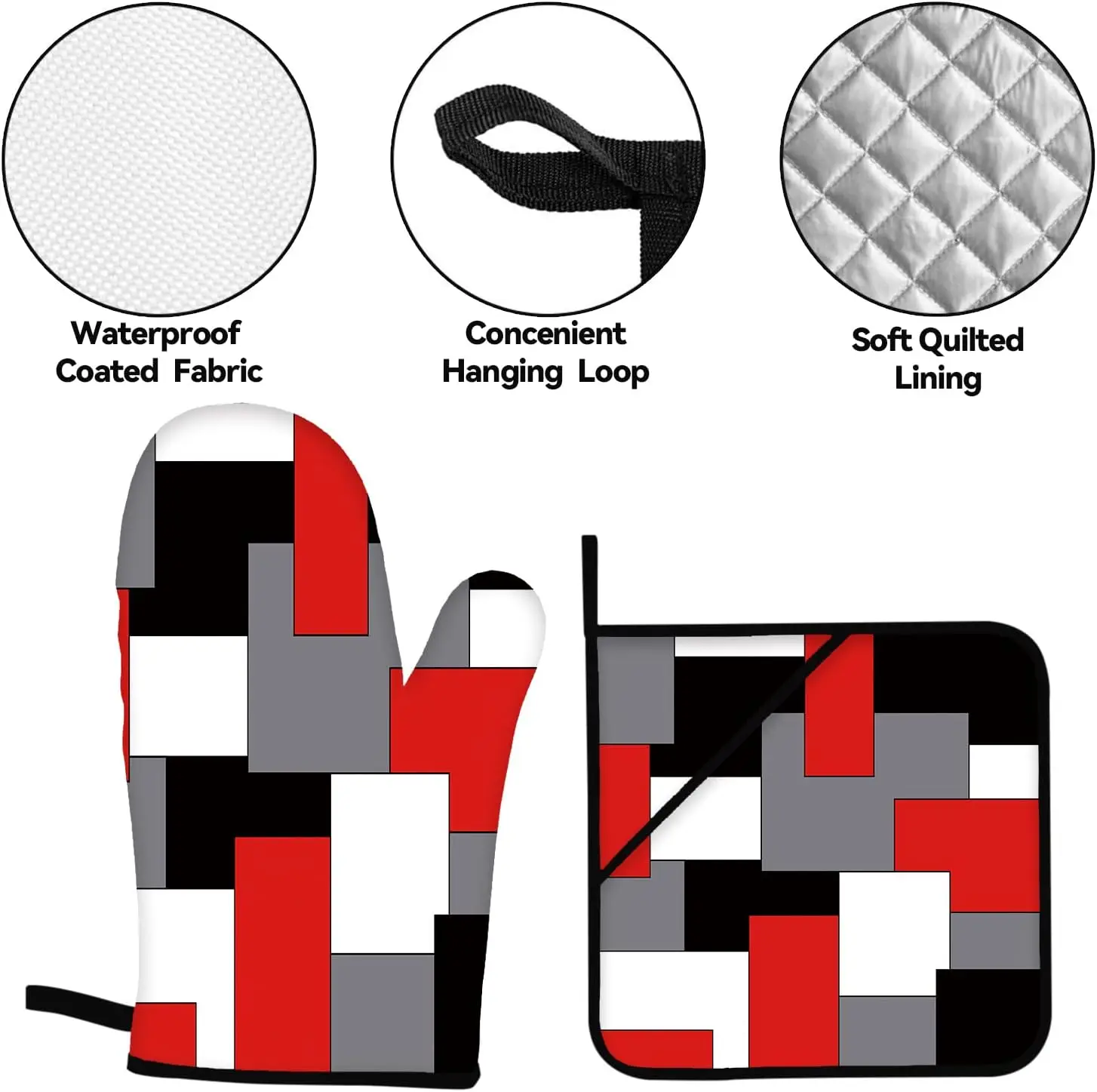 Red Black Grey White Oven Mitts and Pot Holders Sets of 4 Geometric Heat Resistant Gloves for Kitchen Baking Cooking Grilling