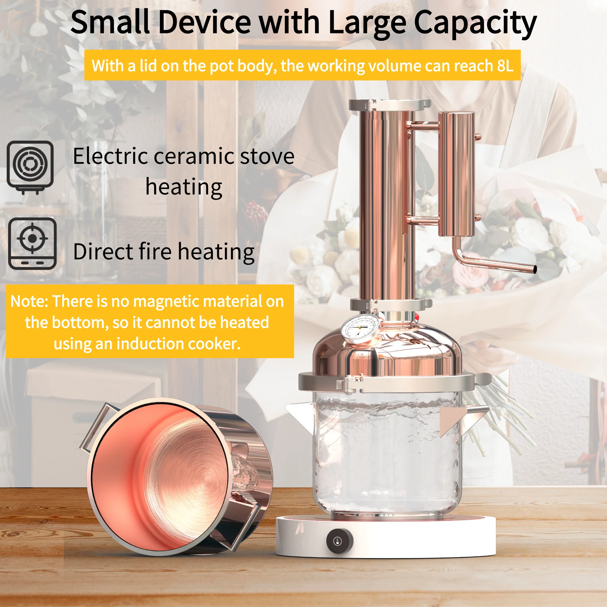 HOOLOO 8L Copper Home Distiller Hydrosol Essential Oil Distillation Kit Home Fragrance Making Equipment Still Water Distiller