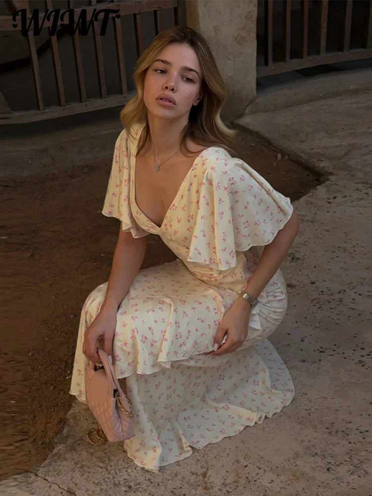 Floral Print 2026 Summer Lady Sexy V-neck Ruffles Short Flare Sleeve Split Midi Dresses Women's Slim High Waisted Party Vestidos 1