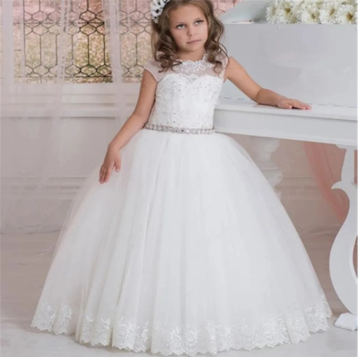 

White Flower Girl Dresses for Wedding O-neck Tulle Beaded Belt Girls Pageant Gown Kids First Holy Communion Party Dresse