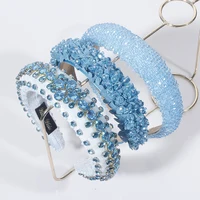 Women Blue Headband New Fashion Casual Crystal Hairband Rhinestone Padded Headwear Turban Classic Adult Hair Accessories