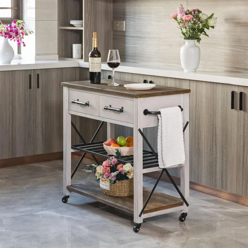 Off-White and Brown Aurora Kitchen Cart, Coffee Bar and Microwave Stand, Island on Wheels with Storage, Wood and Metal