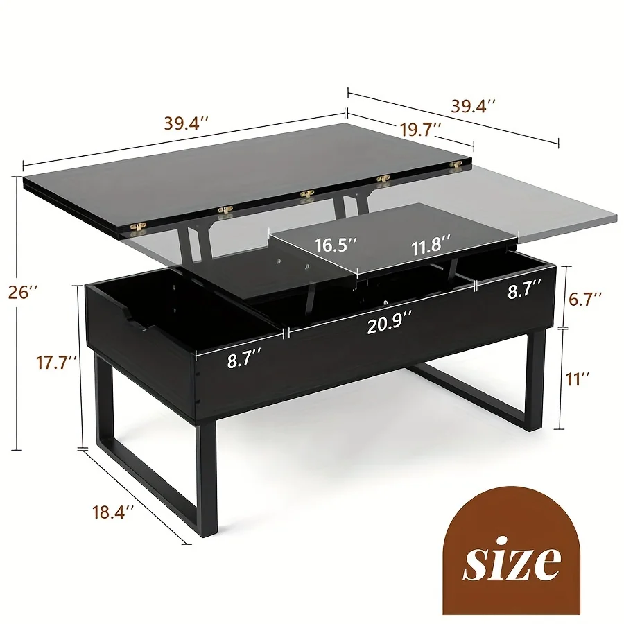 39.4" Lift Up Coffee Table With Storage Compartment, Extendable Up To 39.4 * 39.4 Inch