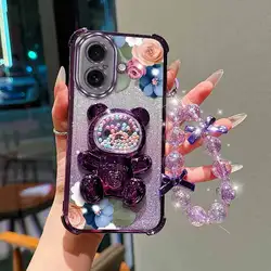 White Floral Bear Bracket Phone Case with Fine Lanyard - iPhone 16 Pro Max (PURPLE)