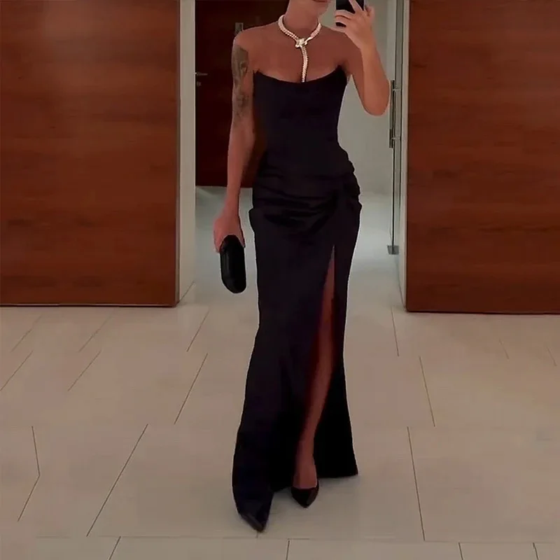 

2024 Women's New Spring/Summer Luxury Luxury High Grade Wrinkle Design Dress with Bra and Single Color Evening Dress