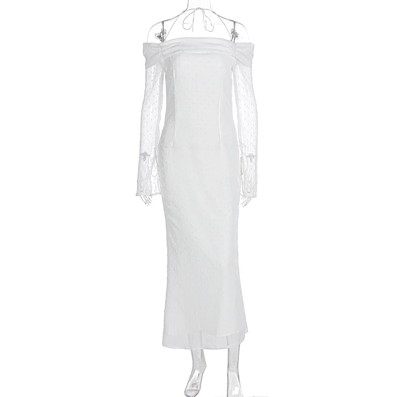 Vestido largo de malla de moda sin espalda para mujer, con cordones, cintura alta, hombros descubiertos, ajustado, elegante vestido de fiesta de otoño para mujer