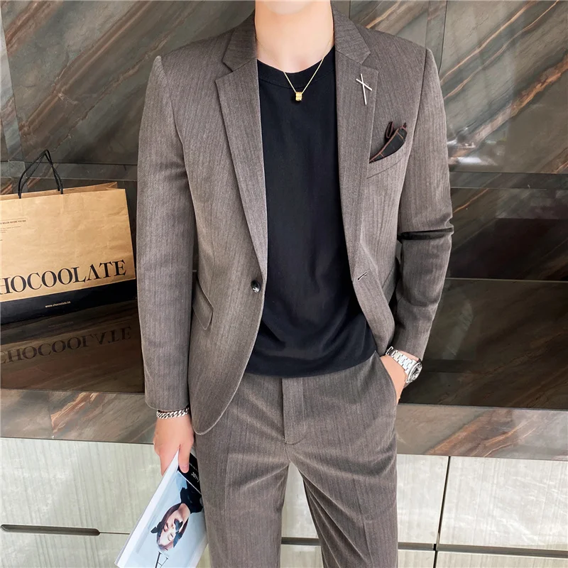 

(Jackets+pants) 2023 Brand Clothing Men's High Quality Cotton Business Blazers/Male slim fit cotton Two suit/Striped groom dress