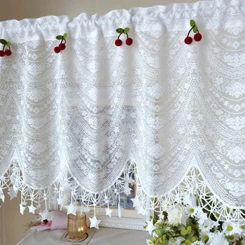 Decorazioni in ciliegio Tende da cucina trasparenti bianche Fiore cavo Porta del soggiorno Tenda a mezza finestra Stella Pizzo Cafe Drapery 1