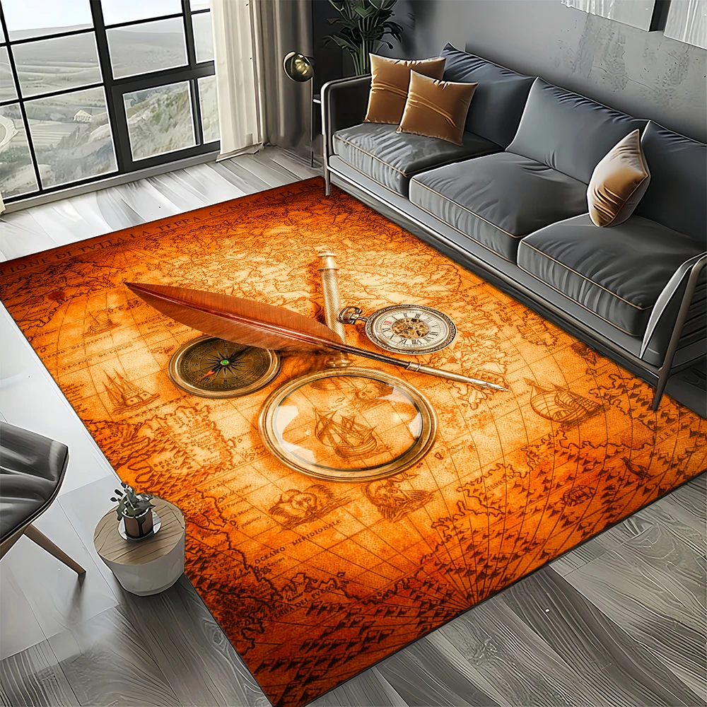 Nautical Map Rug – Retro Marine Compass Carpet | Non Slip Floor Mat for Living Room