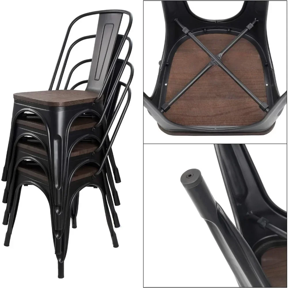 Metal Dining Chair Stackable Industrial Vintage Kitchen Chairs Indoor-Outdoor Bistro Cafe Side Chairs with Back and Wooden Seat 5