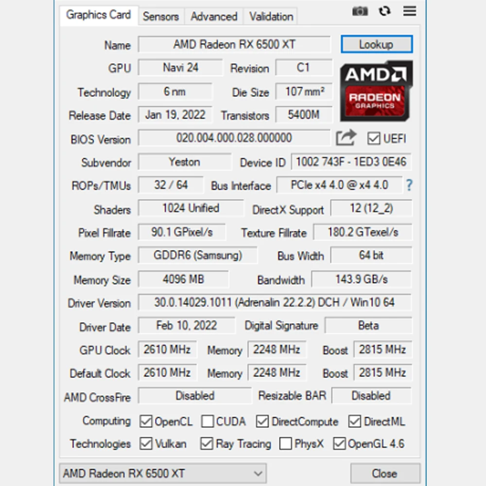good pc graphics card Yeston Radeon RX 6500 XT GPU 4GB GDDR6 64 bit 6nm 2610/18000MHz Gaming Desktop computer PC Video Graphics Cards support DP/HD graphics cards computer