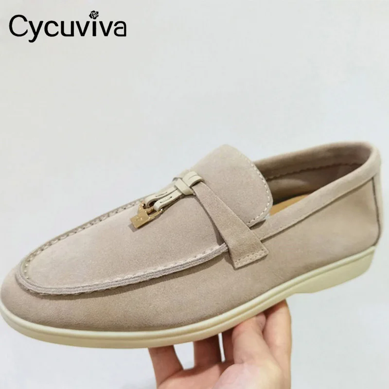 

Cycuviva Kid Suede Brand Loafers Women Metal Lock Flat Shoes Woman Slip On Mules Designer Casual Summer Walker Shoes for Women