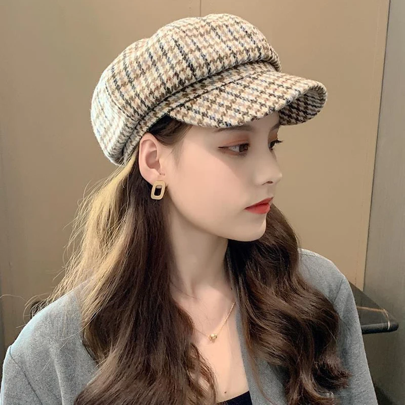 Autumn Winter Women's Wool Hat Beret Plain Octagonal Newsboy Cap