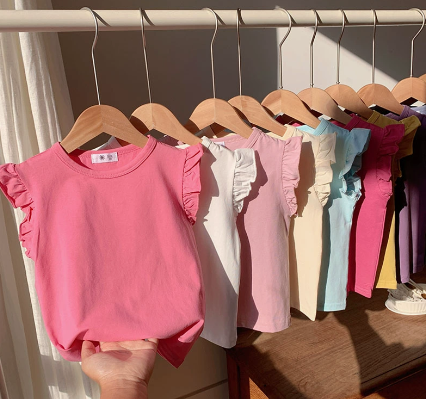 2026 Summer Girls Flutter Sleeve T-Shirt, Dopamine Color Cotton Lightweight Kids Tops 2-10Y