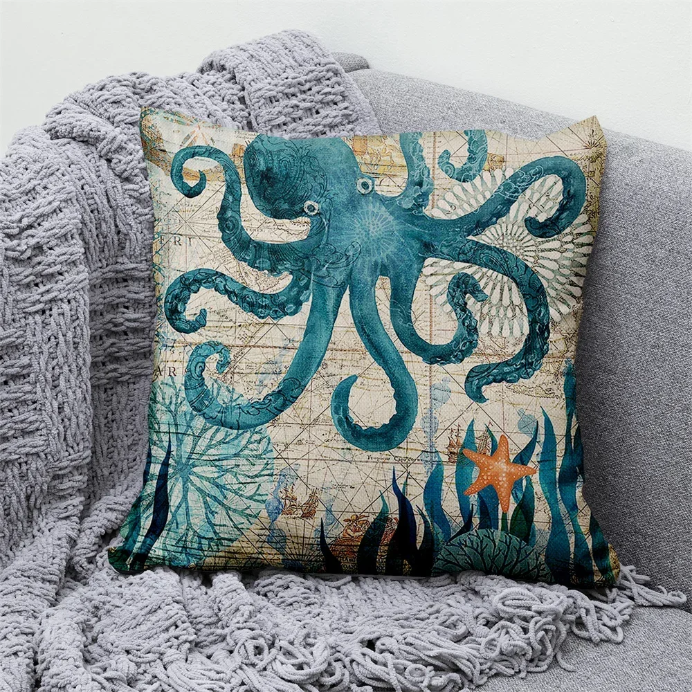 

Sea Turtle Ocean Animal Nautical Anchor Pattern Linen Throw Pillow Cushion Cover Car Home Decoration Sofa Decorative Pillowcase