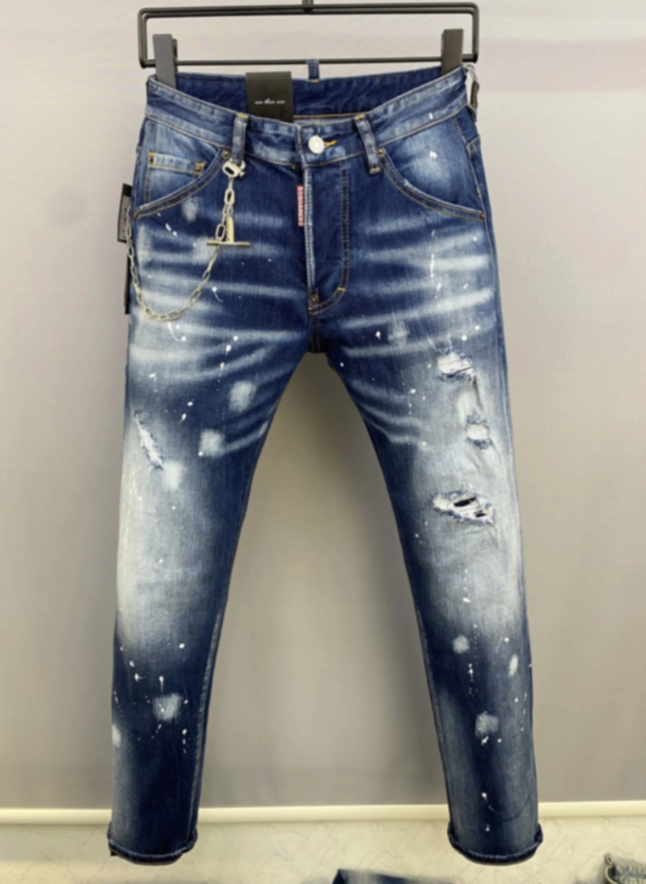 2024 New D2 Jeans Fashionable Slim Fit with Hole Patches, Paint and Ink Breaking Small Feet Panel Long Pants for Men