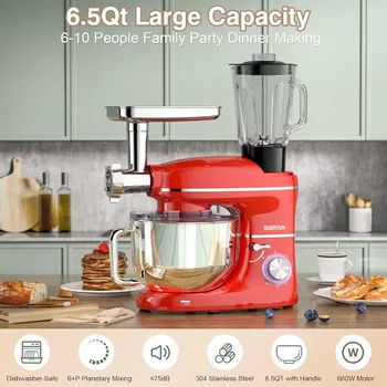 Stand Mixer, BABROUN 6 IN 1 Multifunctional Electric Kitchen Mixer with 6.5QT Stainless Steel Bowl, 1.5L Glass Jar, Meat Grinder 2