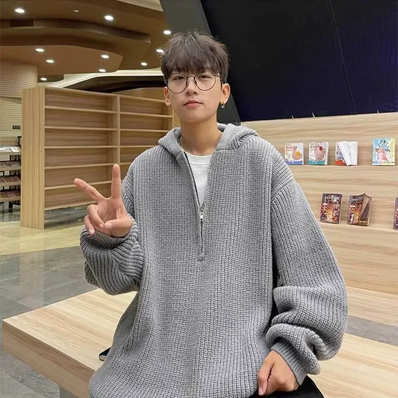 남성용 빈티지 아메리칸 스타일 니트 스웨터, 루즈핏 하프 지퍼 후드 풀오버, 캐주얼 상의, 순수한 Thug Idle 스타일