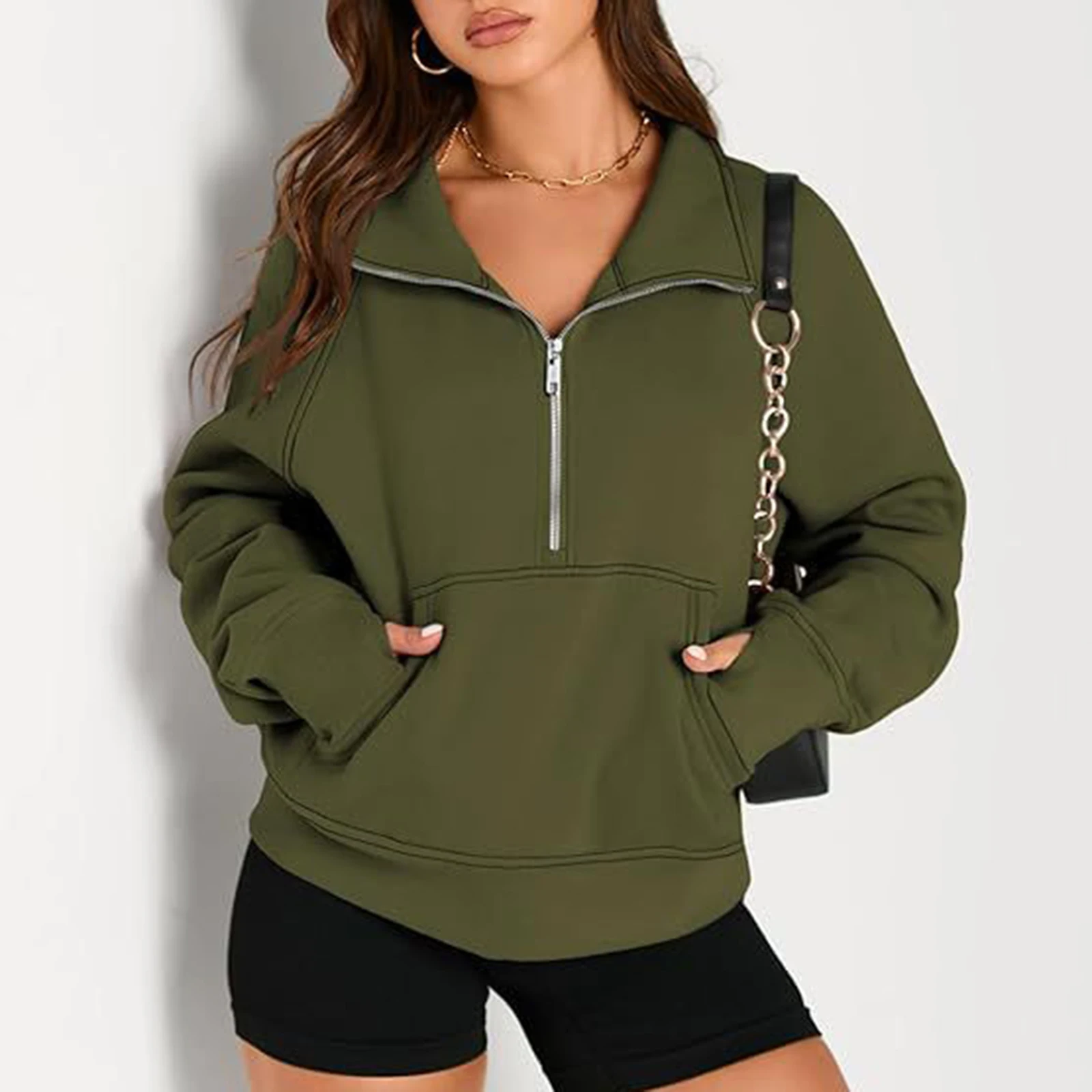 Fall Women's Pullover Sweatshirt Solid Female Raglan Long Sleeve Turtle Neck Half Zip-up Casual Tops Volleyball Jerseys