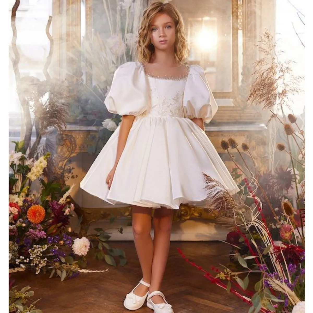 

Simple Flower Girl Dresses Puffy Sleeves Pageant Dress Cute Tutu Skirt Baby Girls Birthday Party Dress