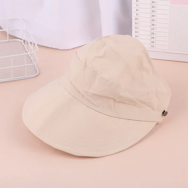 Sonnenhüte für Damen mit breiter Krempe, UV-Schutz, hohler Kopfteil, Sommer-Strandhut, faltbarer Visor, Fischerhüte mit Maskenknopf – Detail 9
