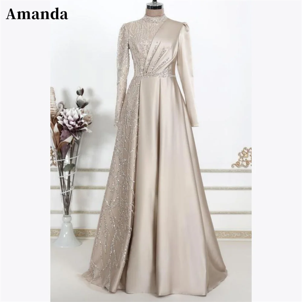 

Amanda Elegant High Neck Beading Prom Dress Luxury Sequins A-line Satin فساتين السهرة Shiny Lace Embroid Vestidos De Noche