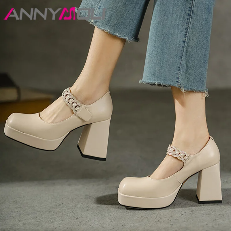 

ANNYMOLI Women Genuine Leather Pumps Fashion High Hoof Heels Square Toe Mary Janes Crystal Rhinestone Party Spring Autumn Shoes