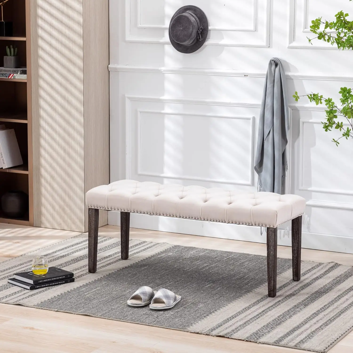 Button-Tufted Ottoman Bench, Upholstered Bedroom Benches Velvet Footrest Stool Accent Bench