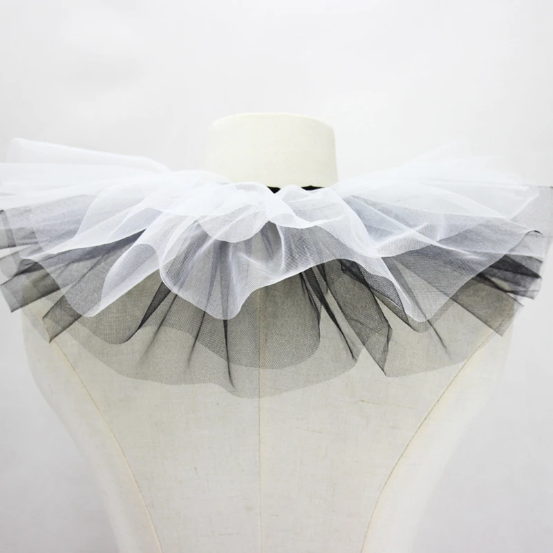 Women Tulle Ruffled Fake Collar Layered Black White Mesh Clown Choker Lace-Up Ribbon Victorian Neck Ruff Shawl 449B