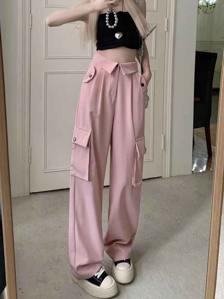 Fashion Casual Cargo Pants Y2K American Style High Waist Slim Summer Women's Wide Leg Pants Chic Buttons Sweet Female Pants