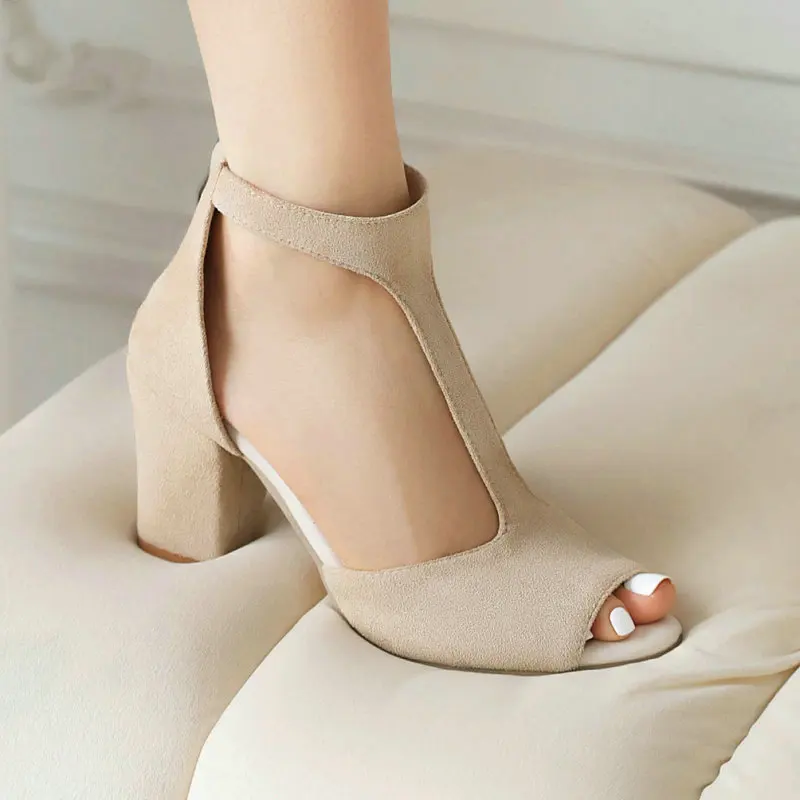 

New Nude Black Color Faux Suede Peep Toe Sexy Woman Shoes Summer Thick High Heels T-strap Designer Hallow Cutout Women Sandals