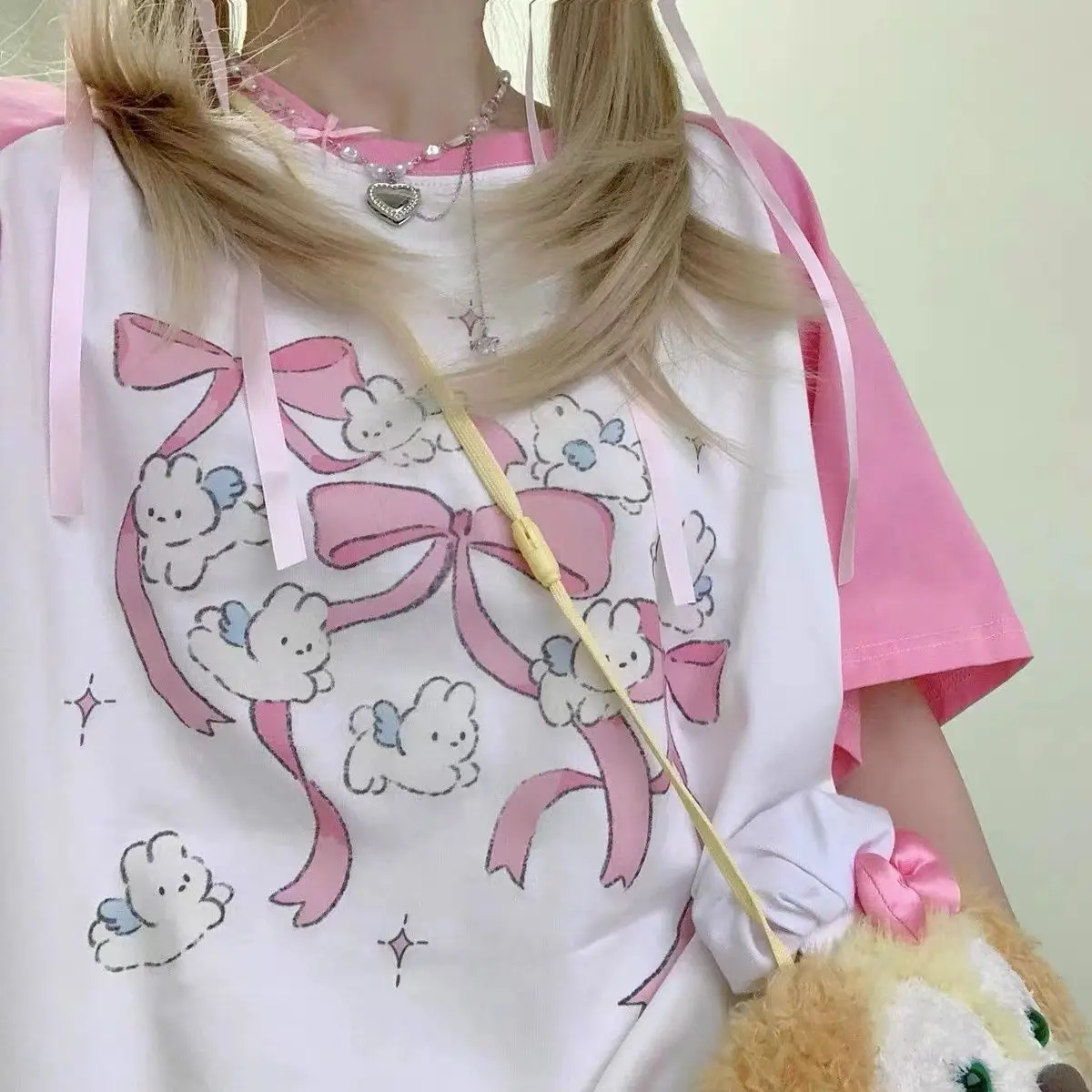 QWEEK Kawaii Rabbit Graphic Pink T Shirts Women Japanese Y2k Style Sweet Cartoon Tees Harajuku Cute Short Sleeve Tops Summer