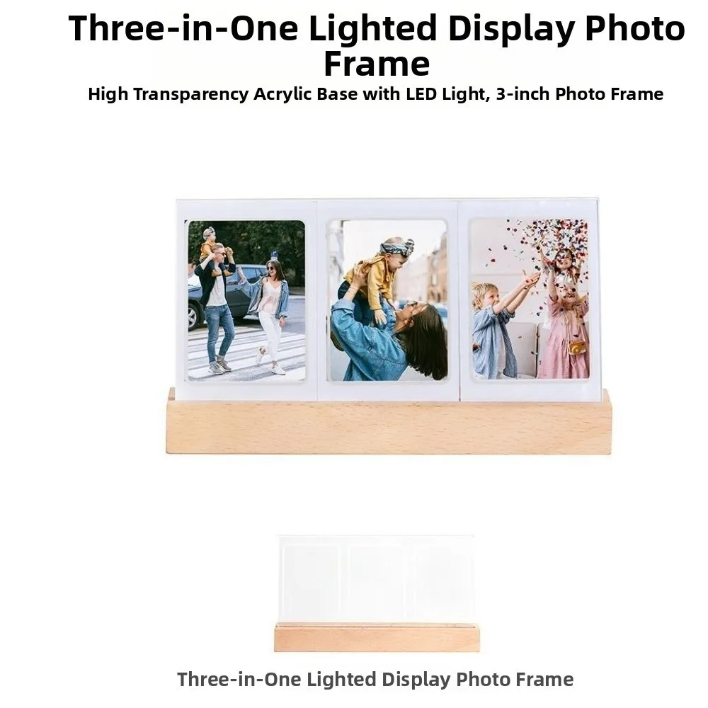 3 in 1 LED Light Photo Frame Clear Acrylic Wooden Base Instant Picture Frame Ornament 3 Inch Photo Tabletop Photo Display Rack