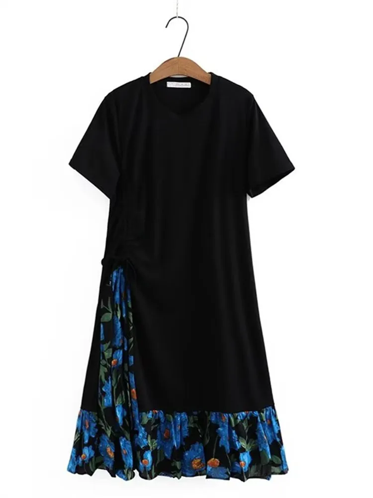 

Plus Size Women's Dress Double-Laye Black Chiffon Hem Pleated Skirt Bottom Stitched Short-Sleeved Round-Neck Summer Loose Skirt