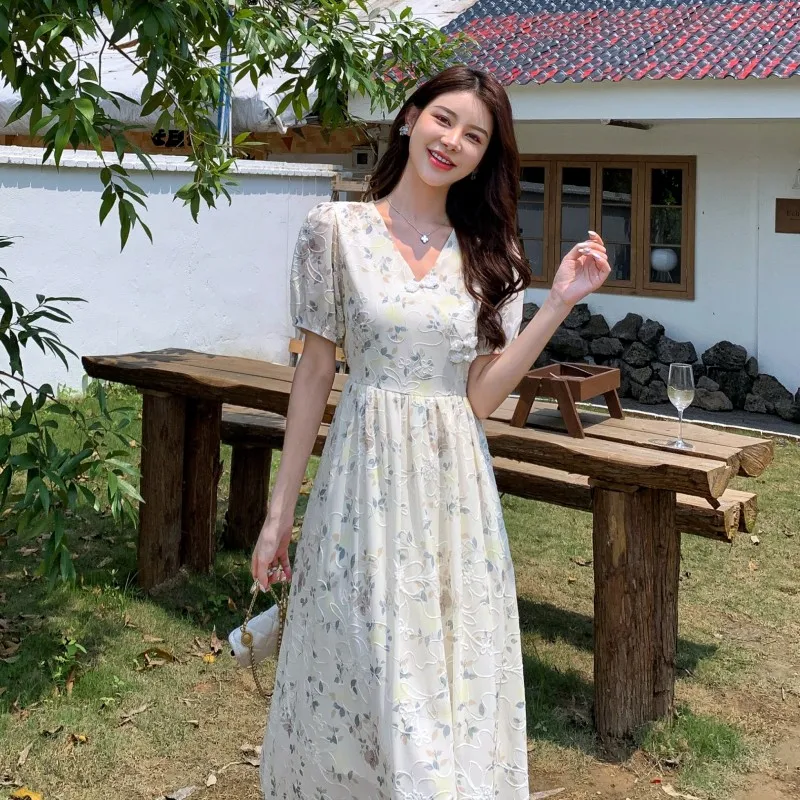 Summer New Chinese Style Midi Dresses for Women Floral Printed V-neck Puff Sleeve A-line Casual Elegant Dress One Piece Vestido