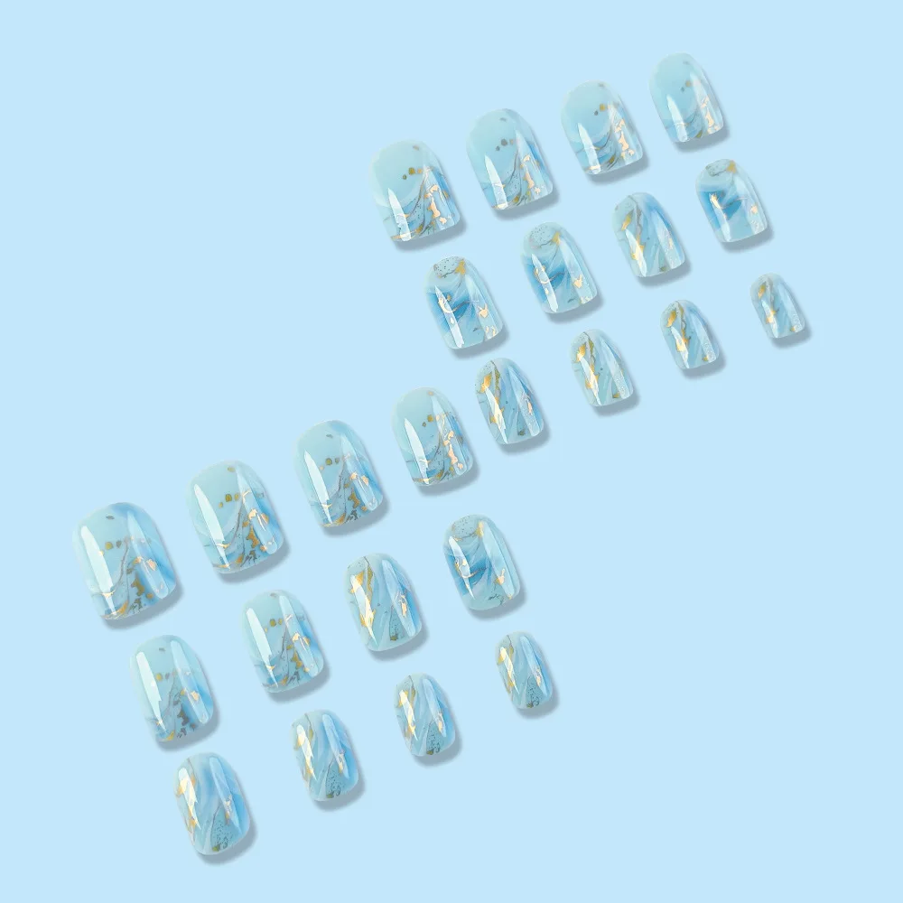 Description Picture 6 of item24pcs/set short Square fake nails Fashion geometric Blue Ocean Wave aurora glitter flowers cat eyes press on false nail art kit