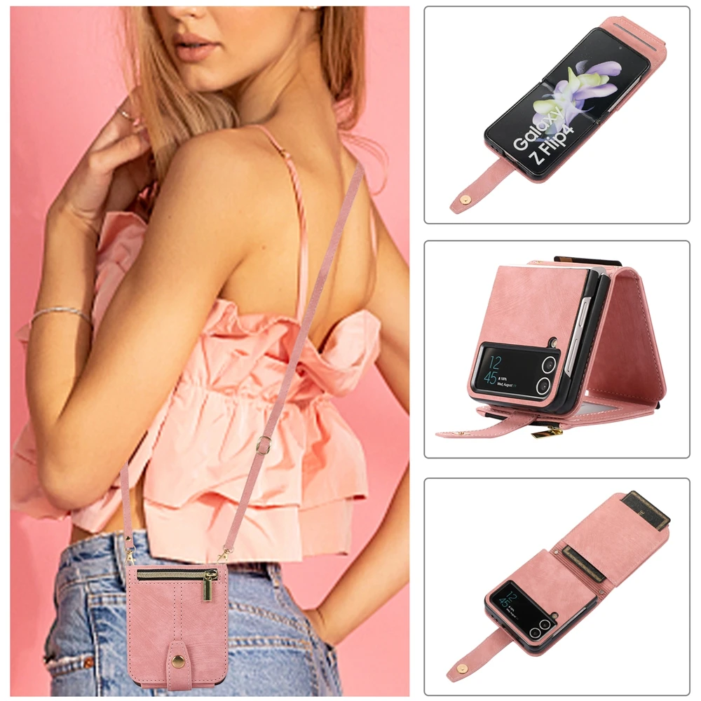 Crossbody Leather Wallet Case with Zipper Phone Cover & Lanyard Strap