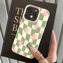 Green Checkerboard Pink Flower Lychee Soft Phone Case - iPhone Air (White)